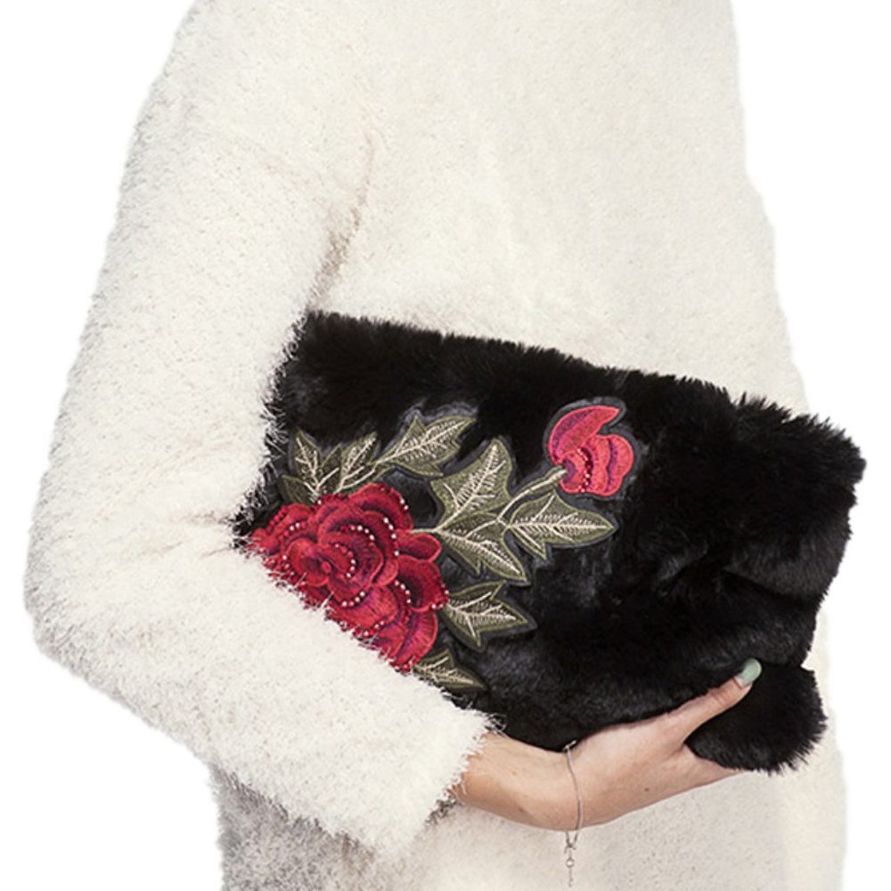 C.C Rose Patch Fur Clutch Bag